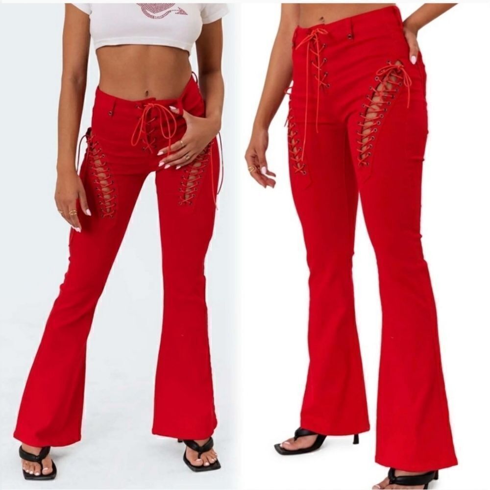 Edikted Engine Red Lace-Up High Waist Flare Jeans Size 2 /XS